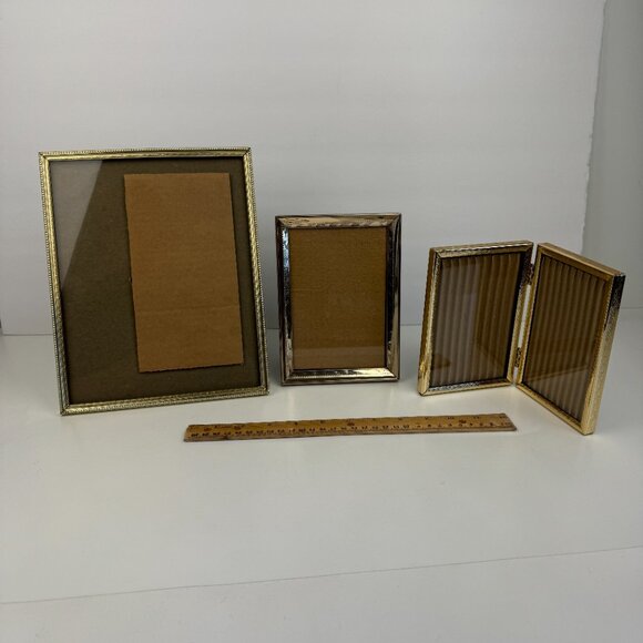 Vtg Lot Tabletop Gold Metal Picture Photo Frames BiFold Hinged Easel Back READ - Picture 1 of 11